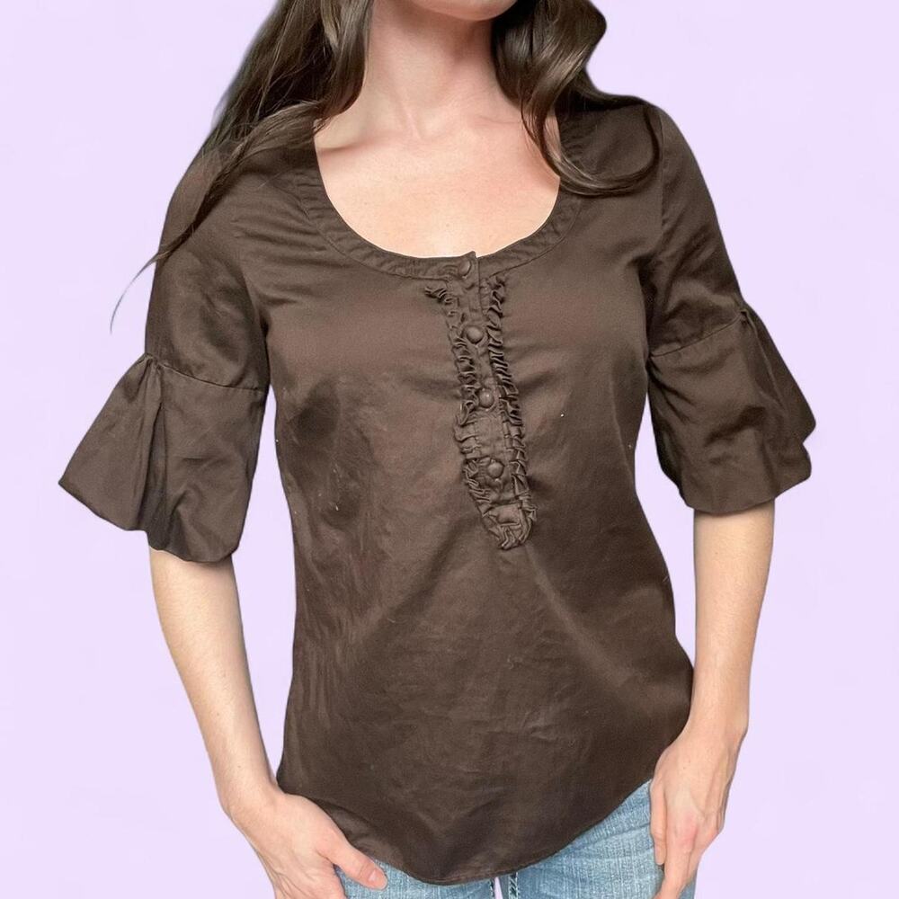 Y2k Chocolate Brown Bubble Sleeve Prairie Peasant Blouse Size M Cotton Old Navy
